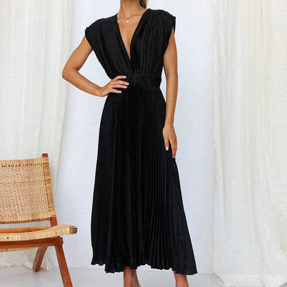 Pleated Satin Midi Dress | Deep V-Neck | Cap Sleeve