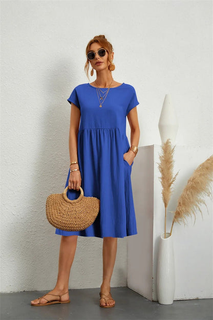 Cotton Blend Pocket Dress | Crew Neck | Casual Cap Sleeve
