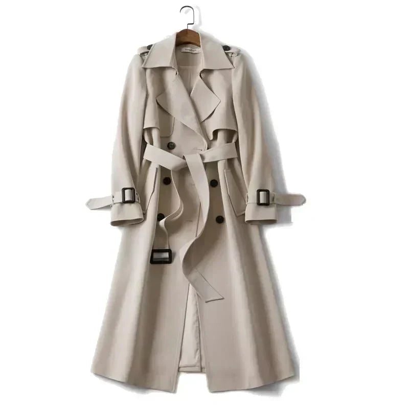 Women's Long Trench Coat | Double-Breasted Design | Belted Fit