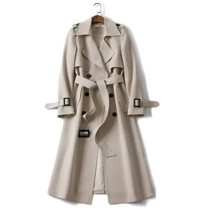 Women's Long Trench Coat | Double-Breasted Design | Belted Fit