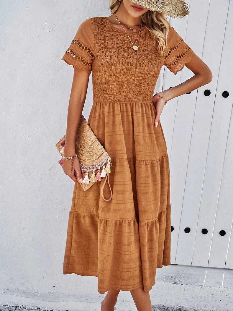 Tiered Midi Dress | Smocked Bodice | Short Sleeve Flowy Fit