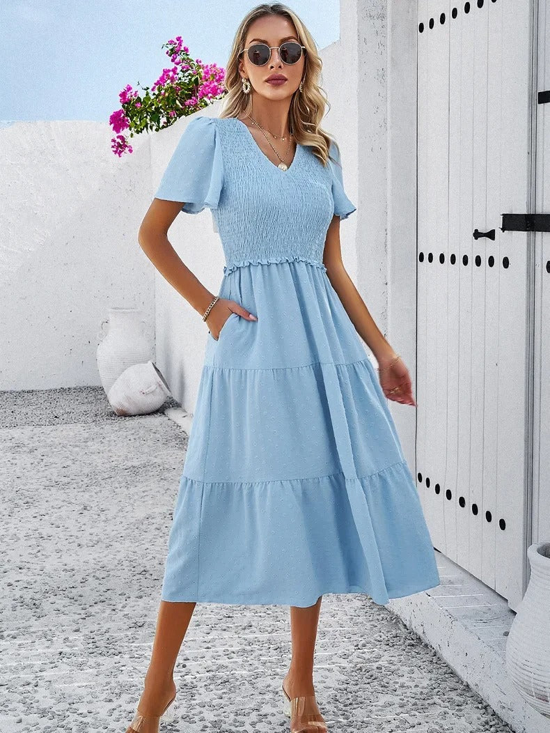 Midi Summer Dress | V-Neck & Flutter Sleeves | Lightweight Casual Fit