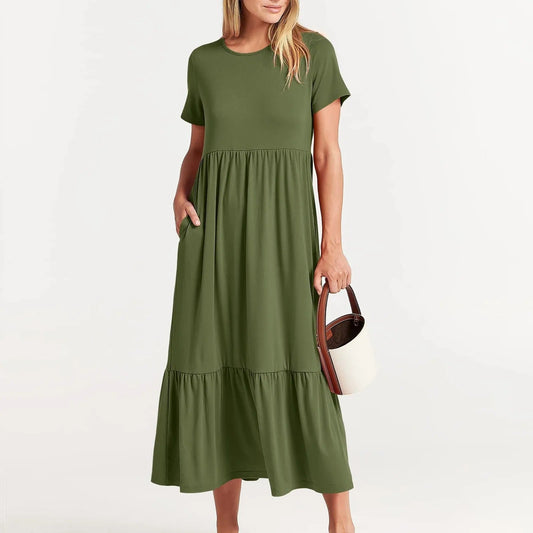 Women's Tiered Midi Dress | Short Sleeve Casual Flowy Dress | Everyday Summer Outfit