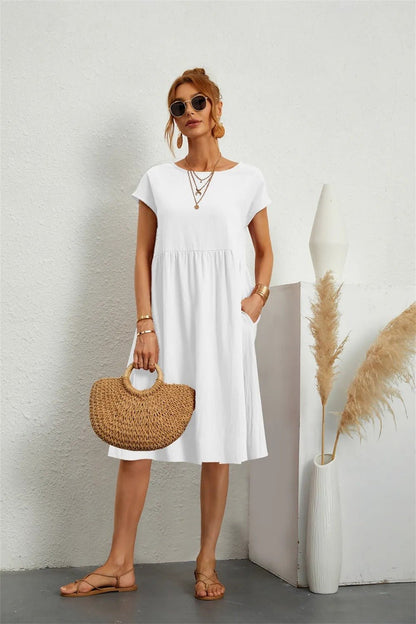 Cotton Blend Pocket Dress | Crew Neck | Casual Cap Sleeve