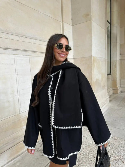 Draped Wool-Blend Coat with Scarf Detail | Oversized Fit | Fringe Hem | Modern Elegance