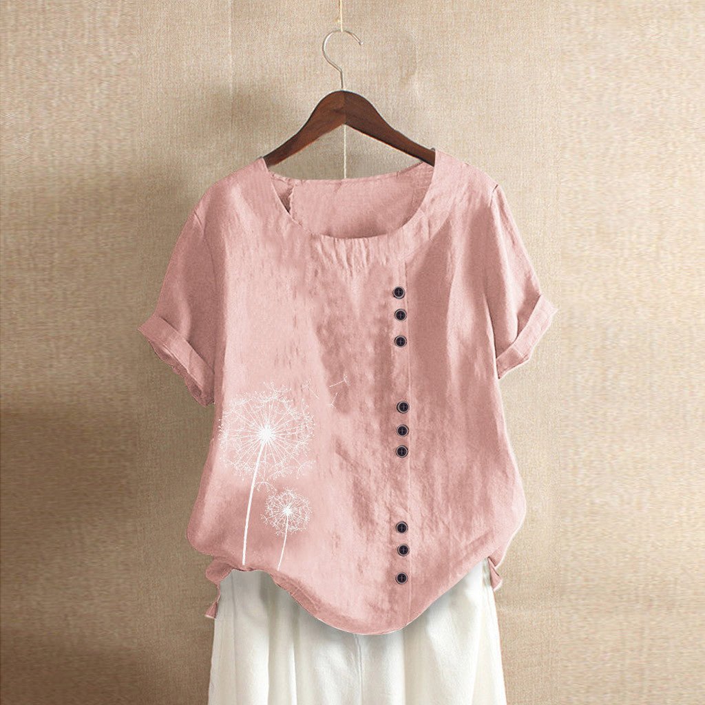 Embroidered Dandelion Button Tee | Linen Blend | Relaxed Fit