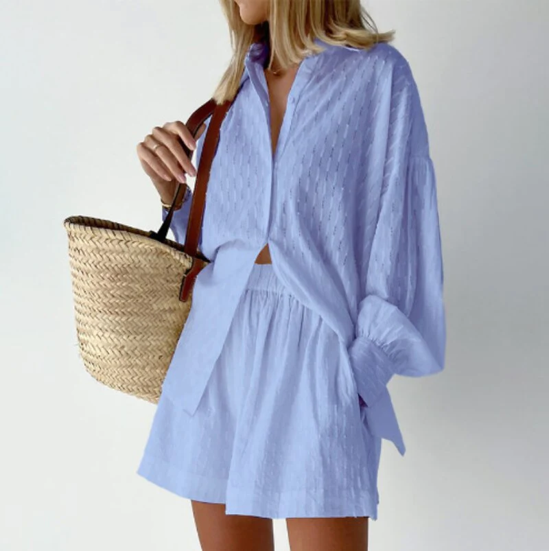 Women’s Cotton Lounge Set | 2-Piece Button-Up and Shorts | Lightweight Summer Co-ord
