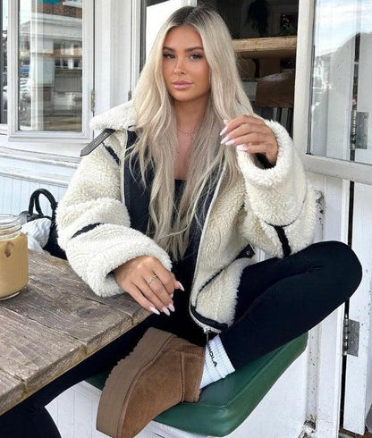 Contrast-Trim Sherpa Jacket | Aviator-Inspired Style | Winter Warmth | Off-White