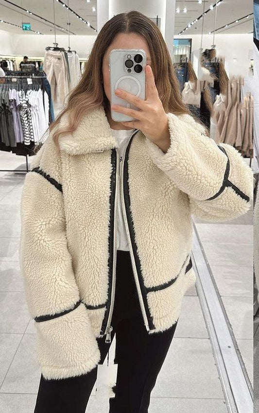 Contrast-Trim Sherpa Jacket | Aviator-Inspired Style | Winter Warmth | Off-White