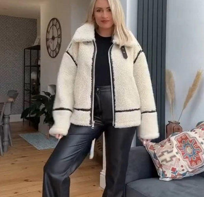 Contrast-Trim Sherpa Jacket | Aviator-Inspired Style | Winter Warmth | Off-White