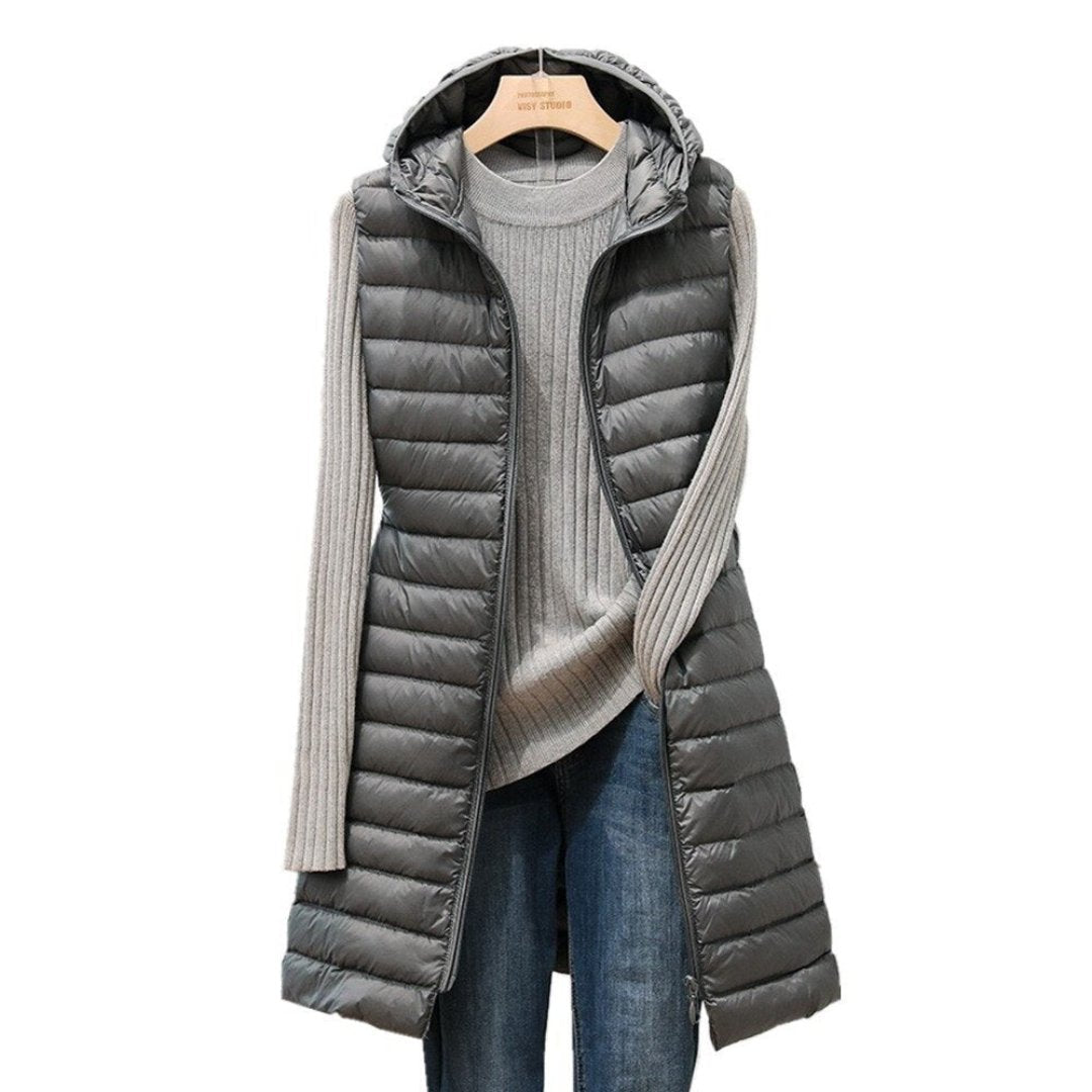 Long Hooded Puffer Vest | Lightweight Quilted Outerwear | Transitional Layer