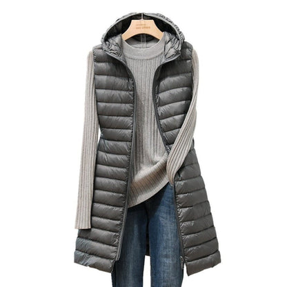Long Hooded Puffer Vest | Lightweight Quilted Outerwear | Transitional Layer