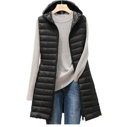 Long Hooded Puffer Vest | Lightweight Quilted Outerwear | Transitional Layer