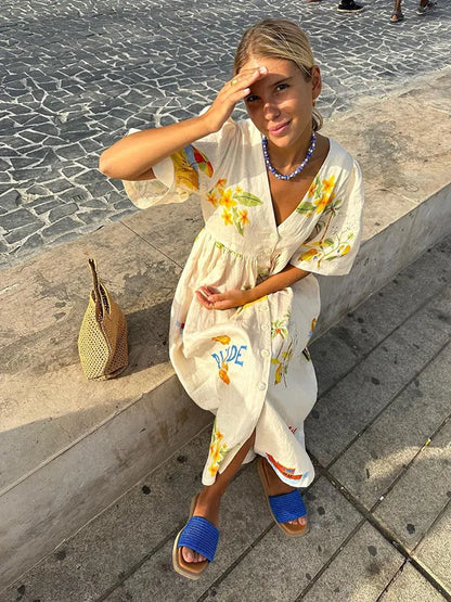 Printed Cotton Midi Dress | V-Neck with Puff Sleeves | Relaxed Vacation Fit