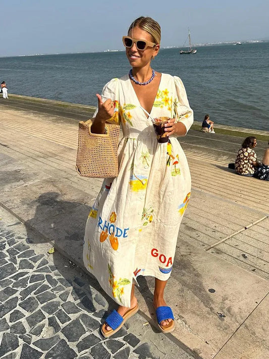 Printed Cotton Midi Dress | V-Neck with Puff Sleeves | Relaxed Vacation Fit