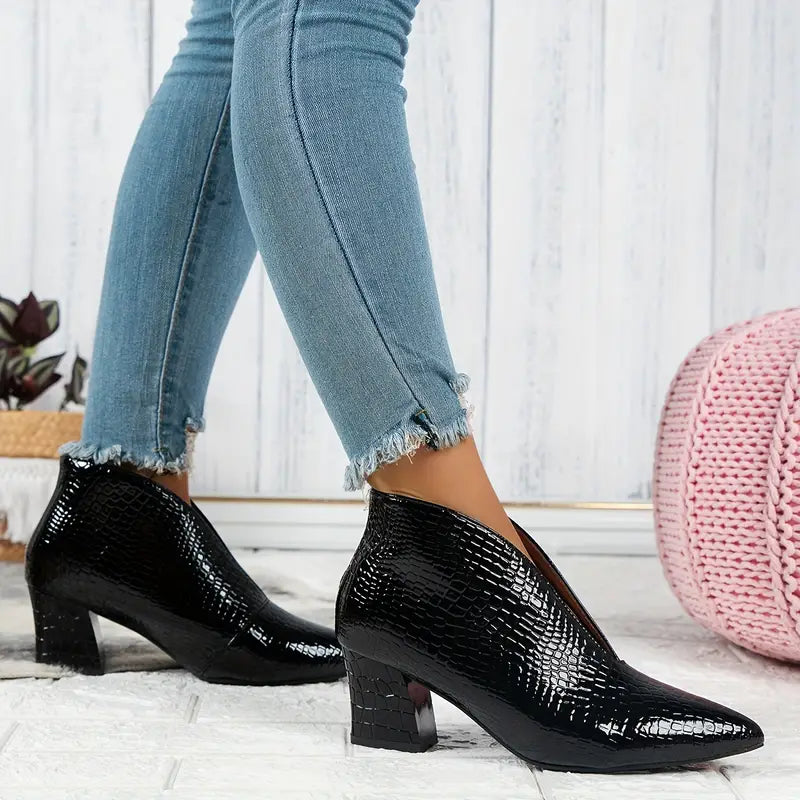 Textured Ankle Boots | Snakeskin Look with Curved Cut | Mid Heel Western Style