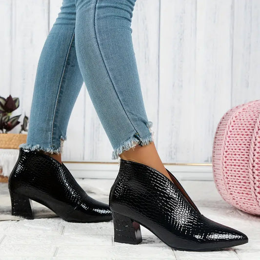 Textured Ankle Boots | Snakeskin Look with Curved Cut | Mid Heel Western Style