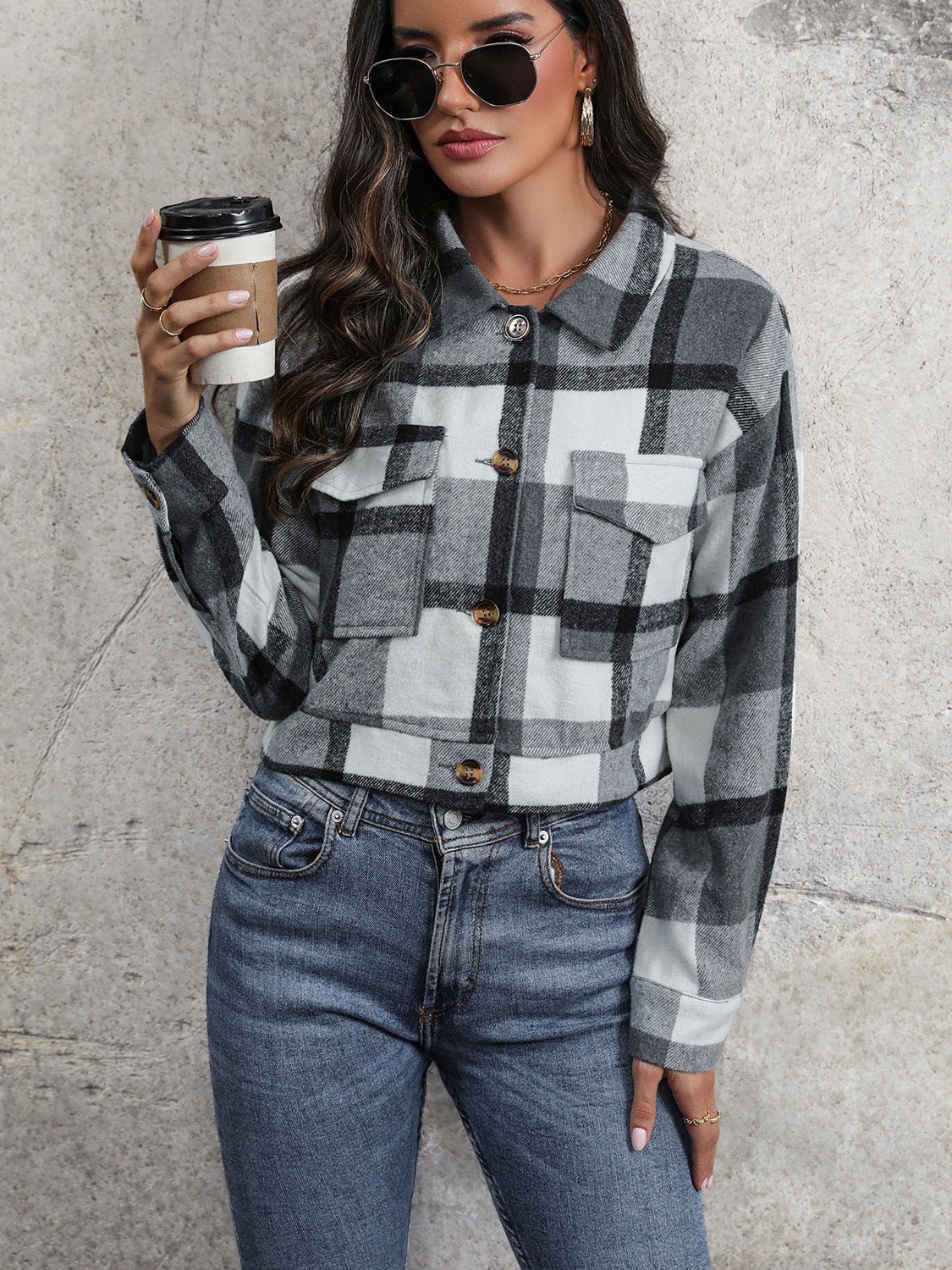 Cropped Plaid Jacket | Trendy Button-Down Design | Lightweight Polyester Blend | Casual Layering