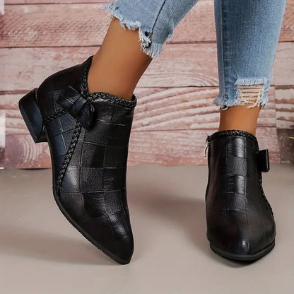 Textured Ankle Boots | PU Leather | Side Zip & Buckle Detail