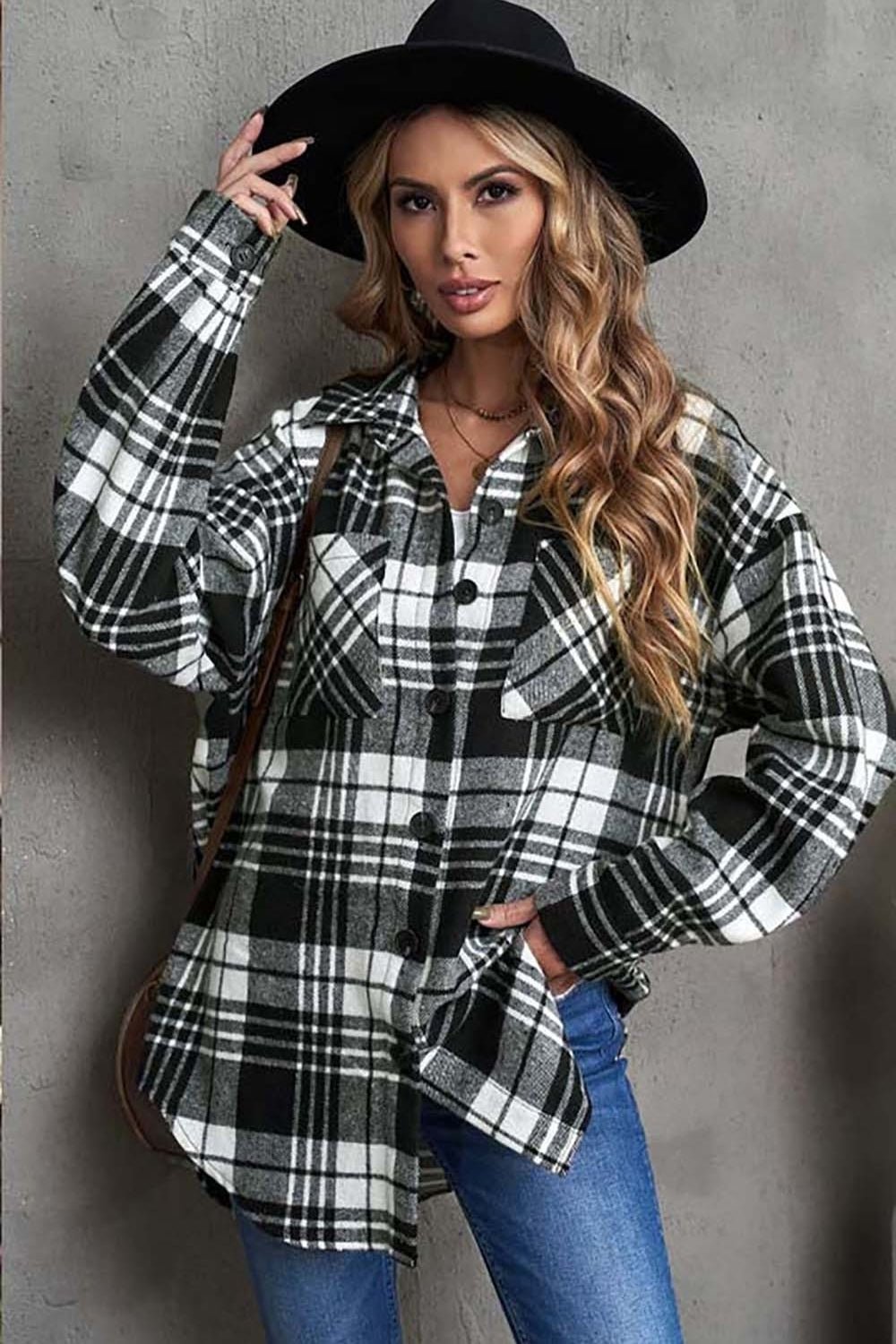 Plaid Button-Down Shacket | Versatile Layering Piece | Polyester Blend | Casual Outerwear