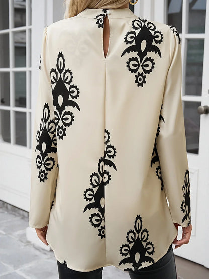 Printed Satin Blouse | Relaxed Fit | High Neck with Back Keyhole
