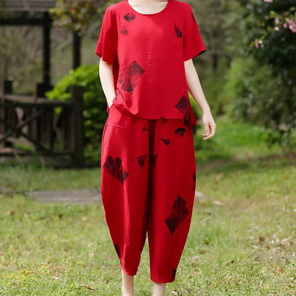 Relaxed Fit Two-Piece Set | Lightweight Crinkled Texture & Abstract Leaf Print