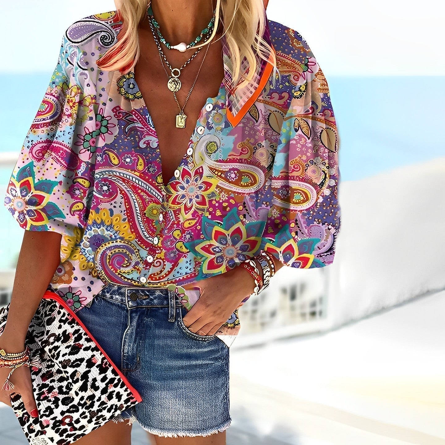 Paisley Puff Sleeve Blouse | Deep V-Neckline | Relaxed Boho Fit