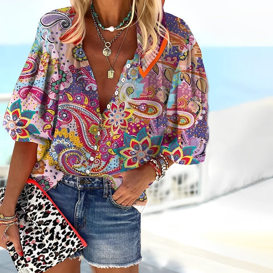 Paisley Puff Sleeve Blouse | Deep V-Neckline | Relaxed Boho Fit