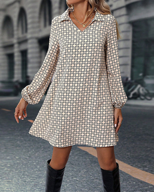 Women's Printed A-Line Mini Dress | Long Sleeve V-Neck Casual Dress | Fall Everyday Outfit