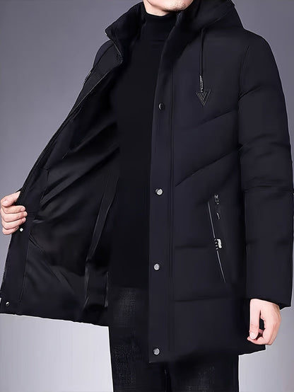 Men's Mid-Length Puffer Jacket | Removable Hood | Insulated Winter Coat