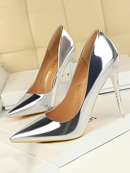 Pointed Toe Stiletto Heels | High-Shine Metallic Finish | Elegant Party Pumps