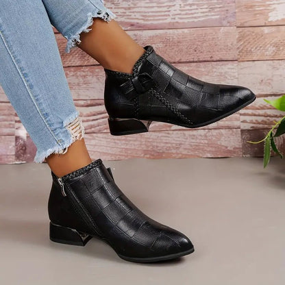 Textured Ankle Boots | PU Leather | Side Zip & Buckle Detail