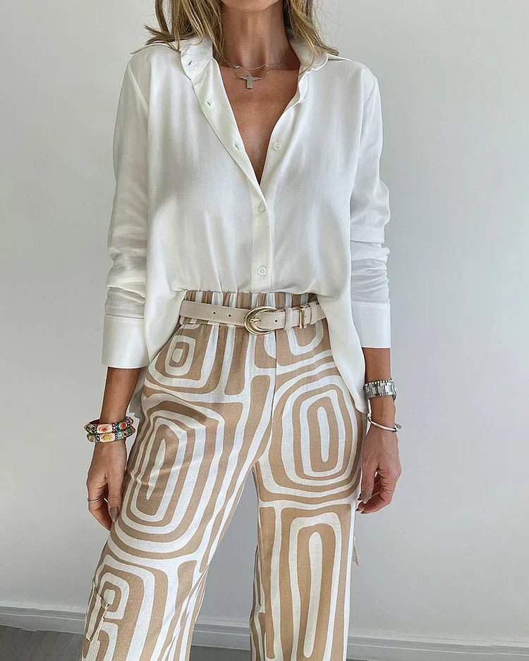Geometric Print Wide-Leg Pants Set | Stretch Comfort | Casual-Chic Look