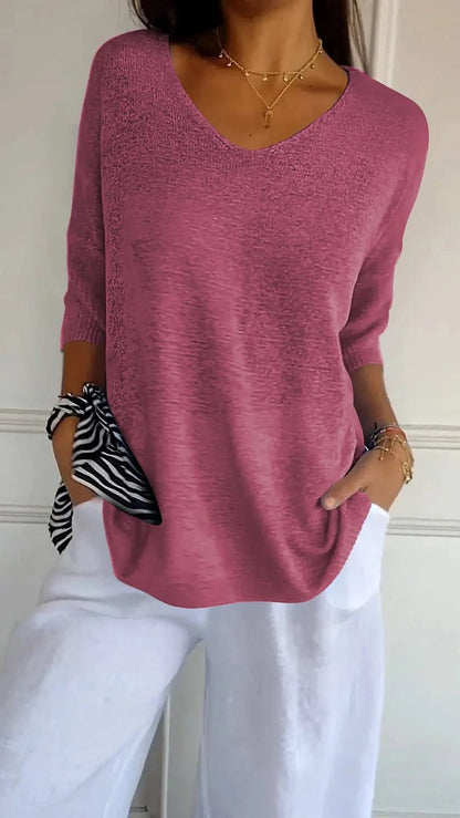 V-Neck Lightweight Knit Top | 3/4 Sleeve | Relaxed Everyday Fit