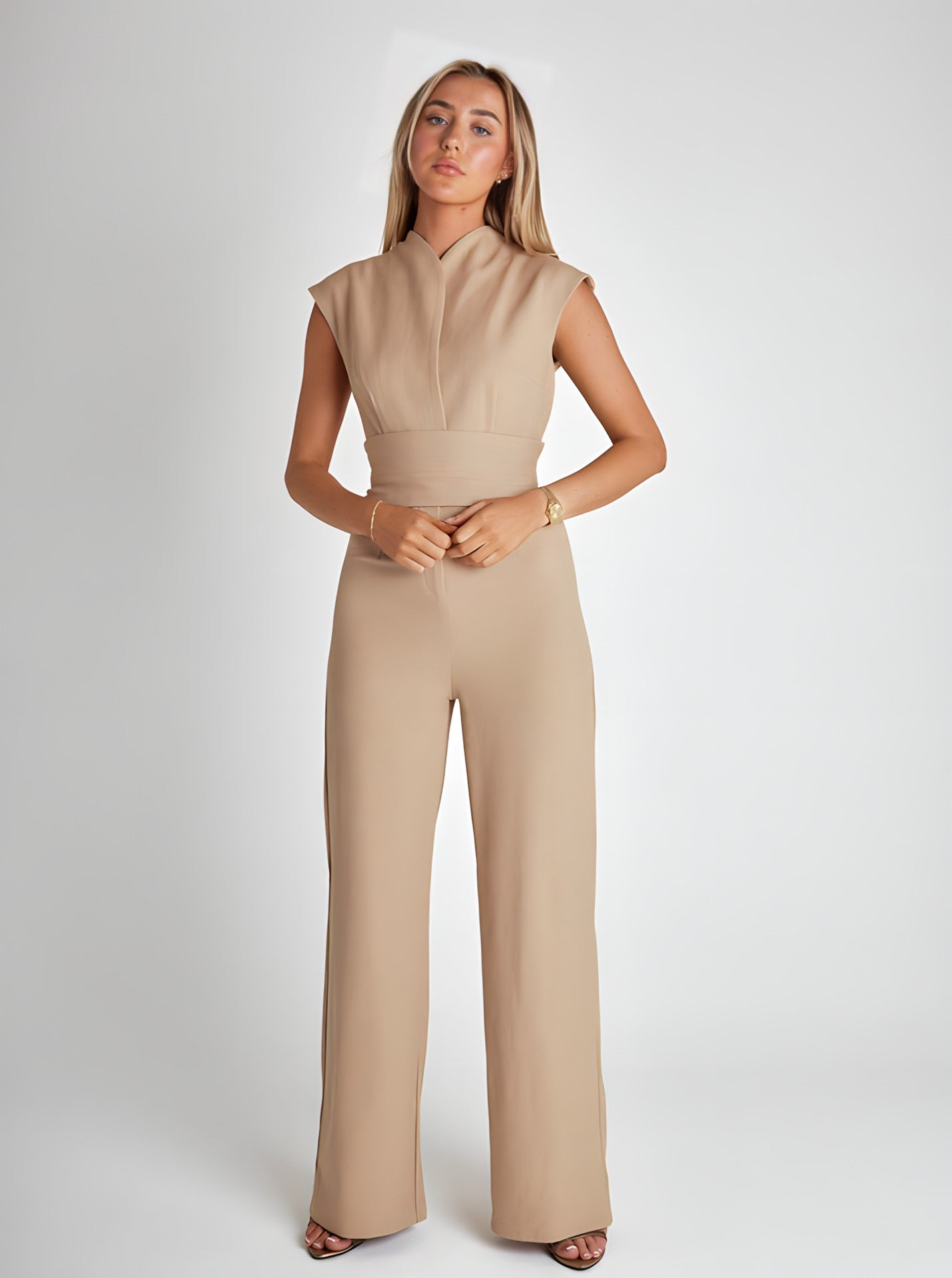Sleeveless Jumpsuit | Belted Wide-Leg Tailored One-Piece | Chic Formal Daywear