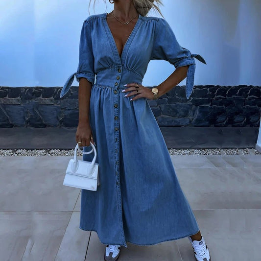 Denim Maxi Dress | Button-Front Fit & Flare | Casual Summer Style