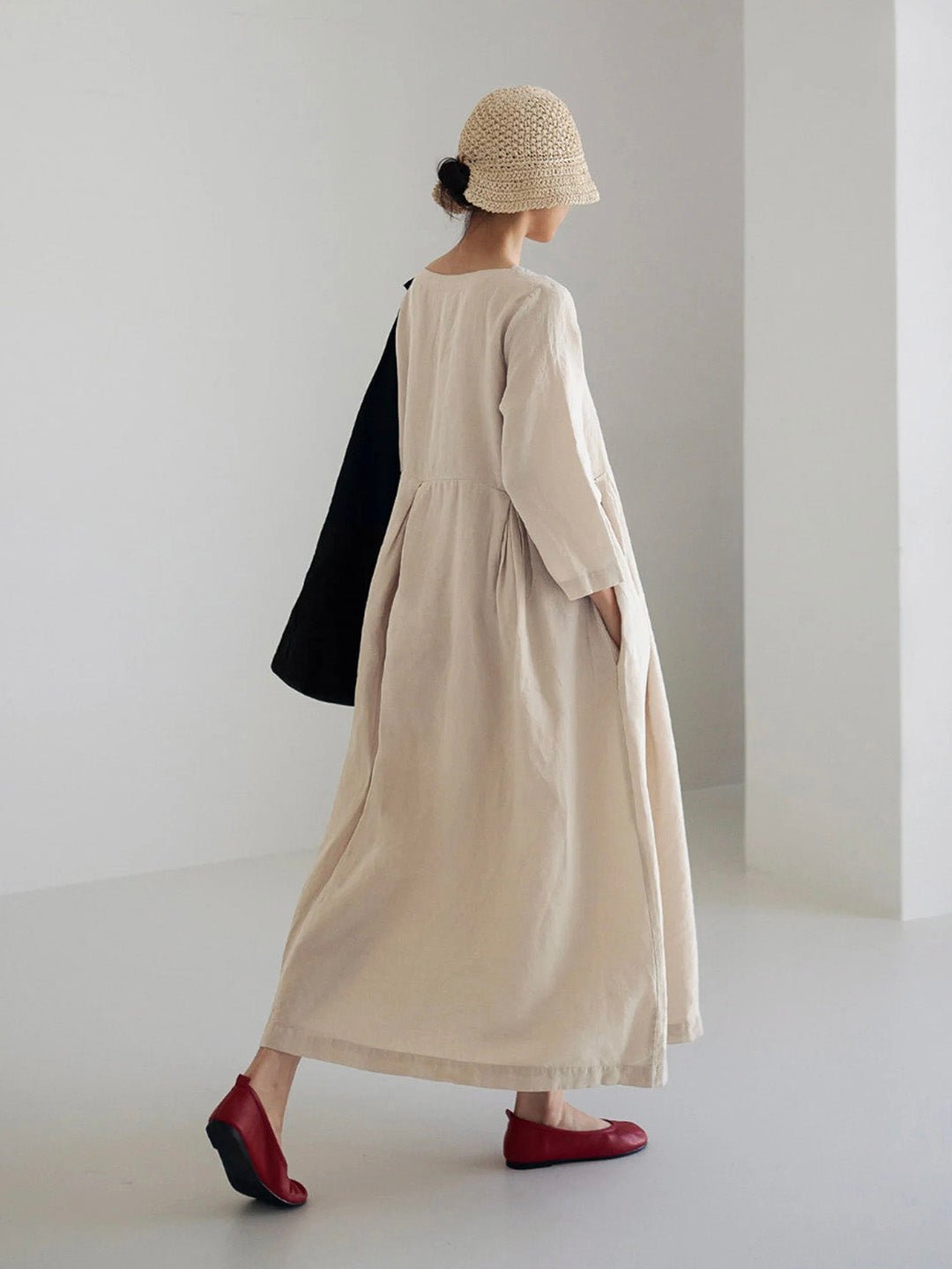 Relaxed Linen Midi Dress | Long Sleeve | Gathered Waist | Everyday Minimalist Style