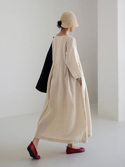 Relaxed Linen Midi Dress | Long Sleeve | Gathered Waist | Everyday Minimalist Style