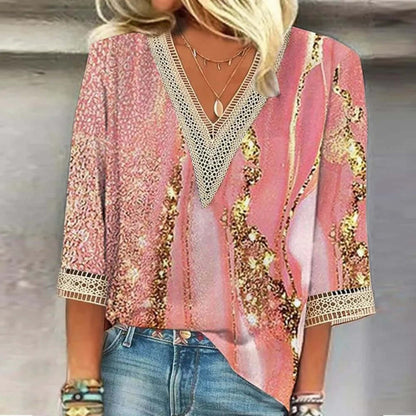 V-Neck Glitter Print Blouse | Crochet Trim ¾ Sleeve Top | Boho Casual Wear Canada