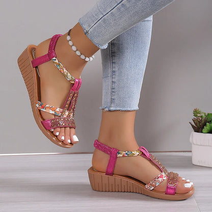 Women’s Rhinestone Wedge Sandals | Elastic Slingback Summer Shoes | Cushioned Comfort with Sparkle