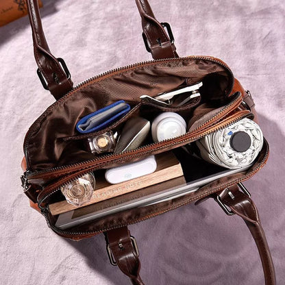 Vintage Leather Satchel Bag | Structured Design | Dual-Zip Compartments