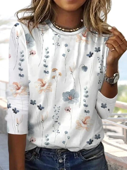 Floral Print Long Sleeve Top | Crew Neck Lightweight Knit | Casual Spring Style