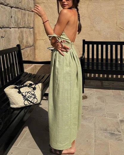 Linen Blend Midi Dress | Adjustable Tie Straps | Summer Ready