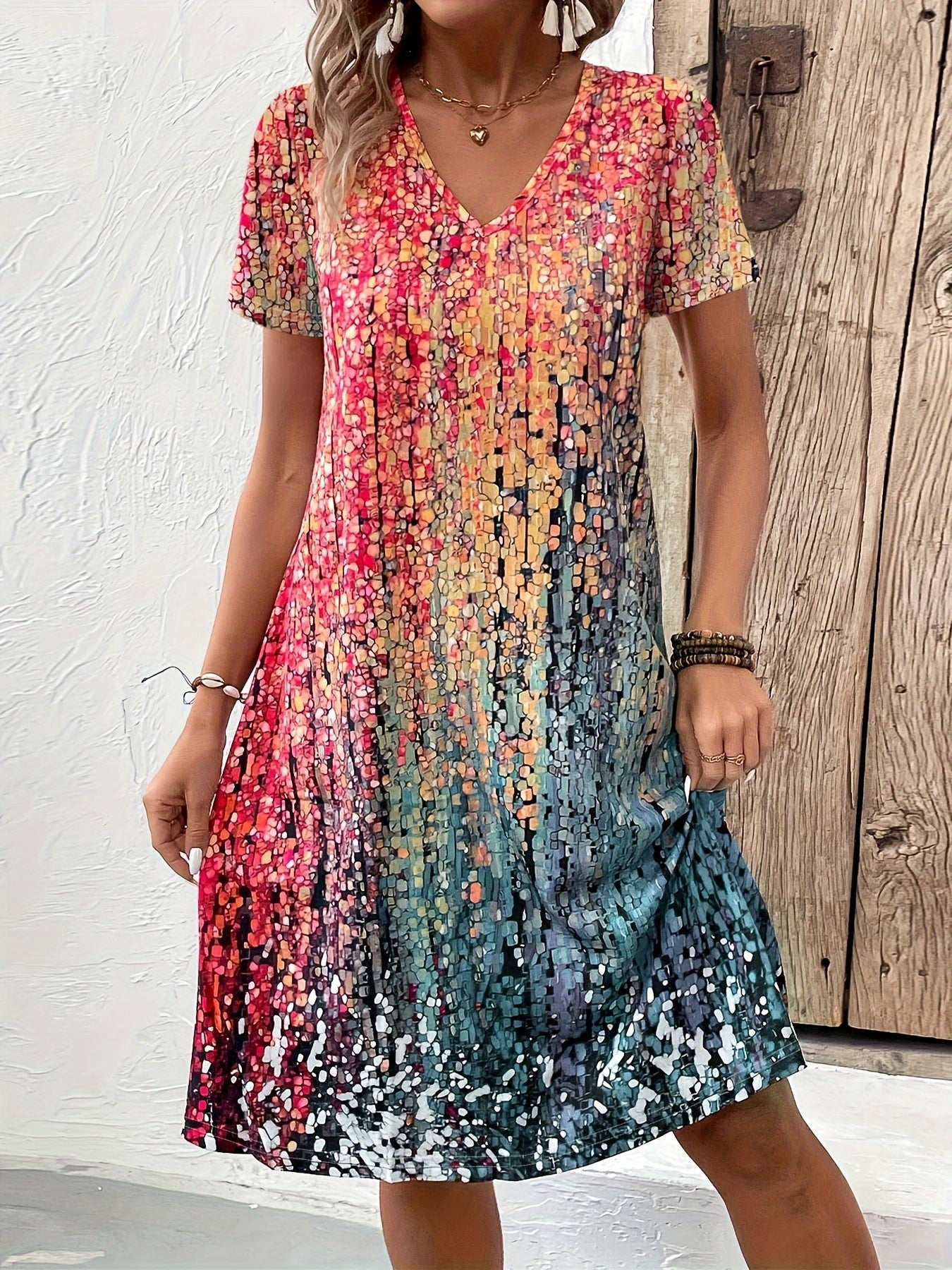 Vibrant Gradient Swing Dress | Abstract Print | Casual Fit with Stretch