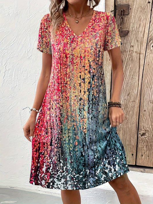 Vibrant Gradient Swing Dress | Abstract Print | Casual Fit with Stretch
