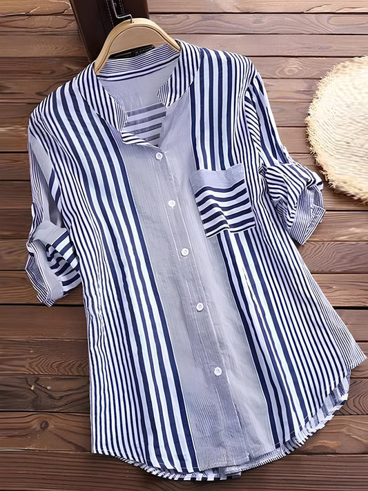 Striped Button-Up Blouse | Mixed Stripe Pattern | Lightweight Everyday Shirt