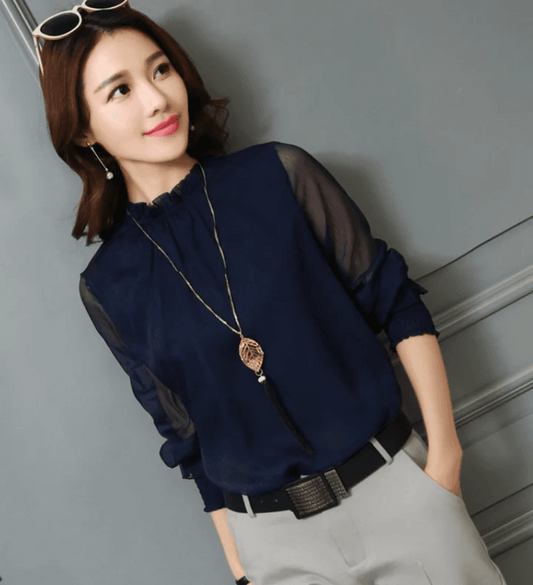 Sheer Long Sleeve Blouse | Ruffle Neckline | Lightweight Chiffon