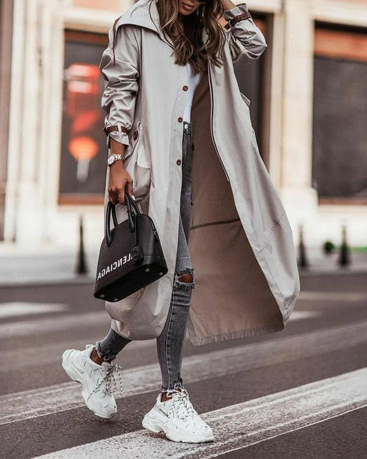 Oversized Hooded Trench Coat | Lightweight and Water-Resistant | Longline Design | Casual Street Style