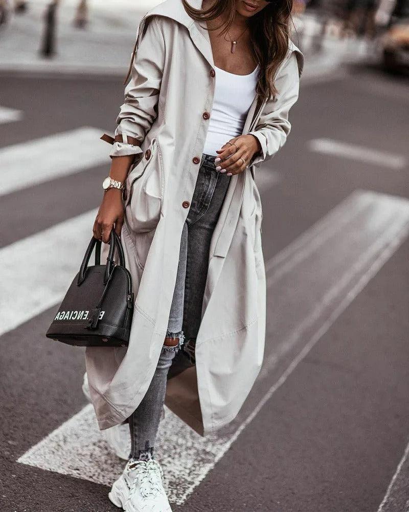 Oversized Hooded Trench Coat | Lightweight and Water-Resistant | Longline Design | Casual Street Style