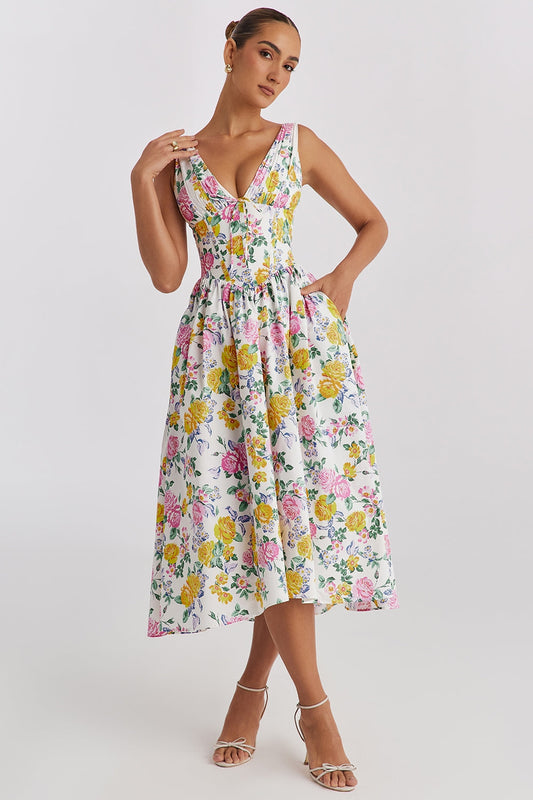 Floral Corset Sundress | Fit & Flare Silhouette with Sweetheart Neckline | Summer Garden Dress